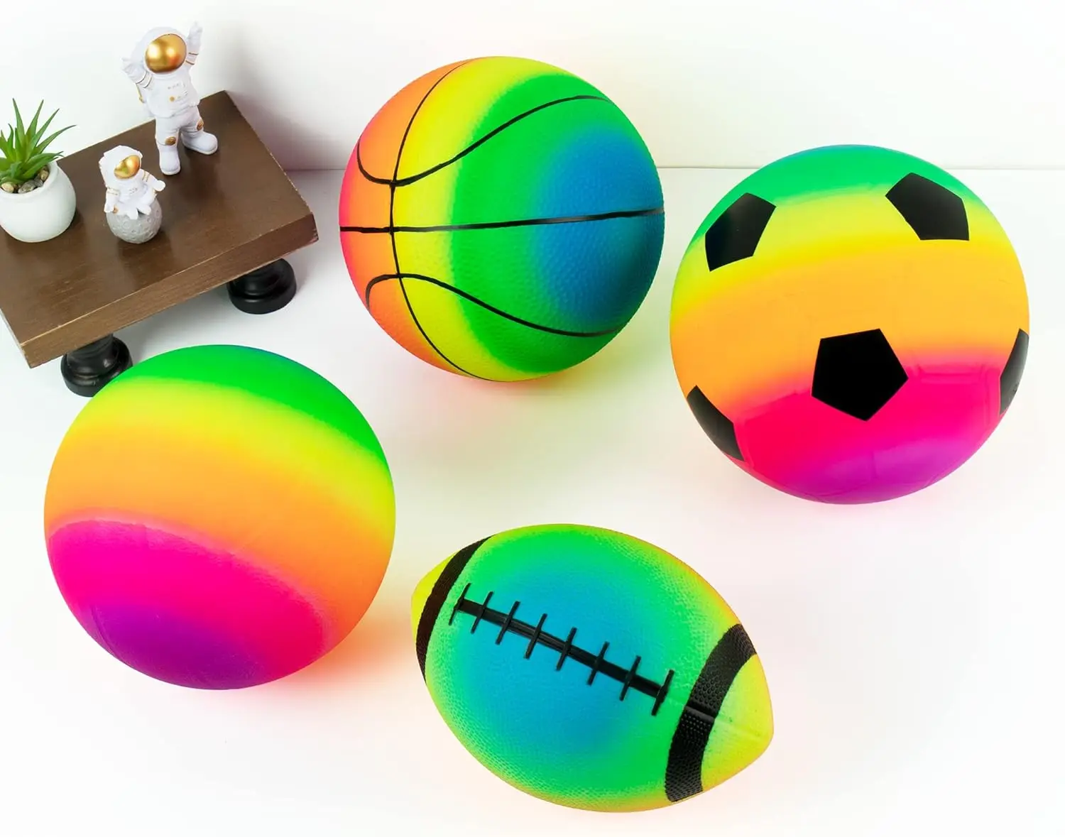 4 Pack  Vinyl Balls with Added Hand Air Pump, Neon Basketball, Soccer, Volleyball and Football , Rainbow Sports Balls Set