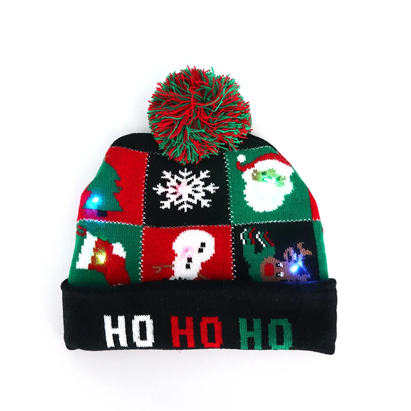 
Adult Christmas Led lights beanie with pompom Christmas knit hat with pompoms 