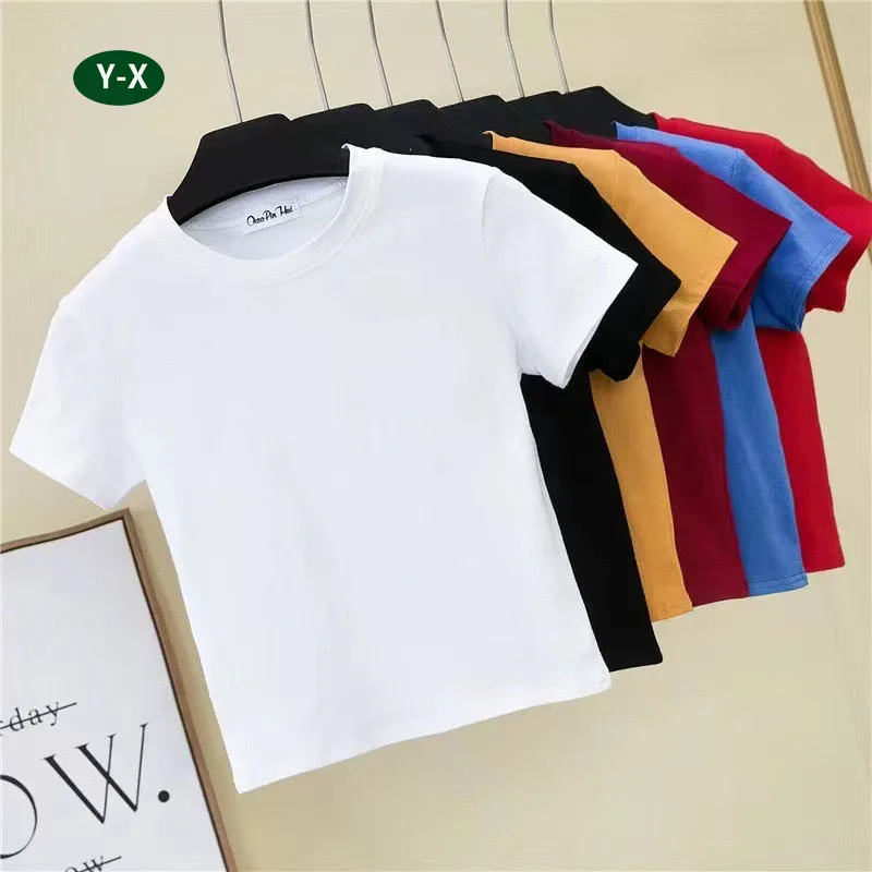 Y-X Fashion Spandex Plain Slim Fit Cropped Top Baby Tee Wholesale Sexy Sports Blank Fitted White Crop Tops Tshirt for Women