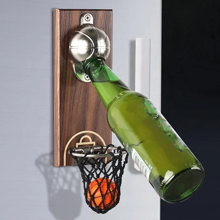 Wooden wall mounted magnetic basketball bottle opener for collector catcher