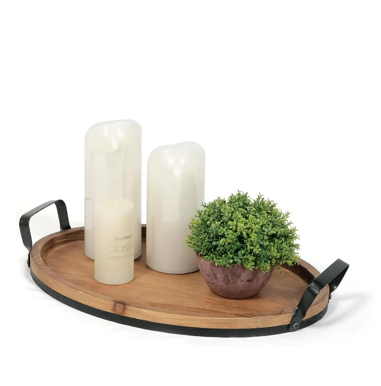 Farmhouse Rustic Ottoman Oval Brown Metal and Wood Tray Coffee Table Tray Wood Serving Tray