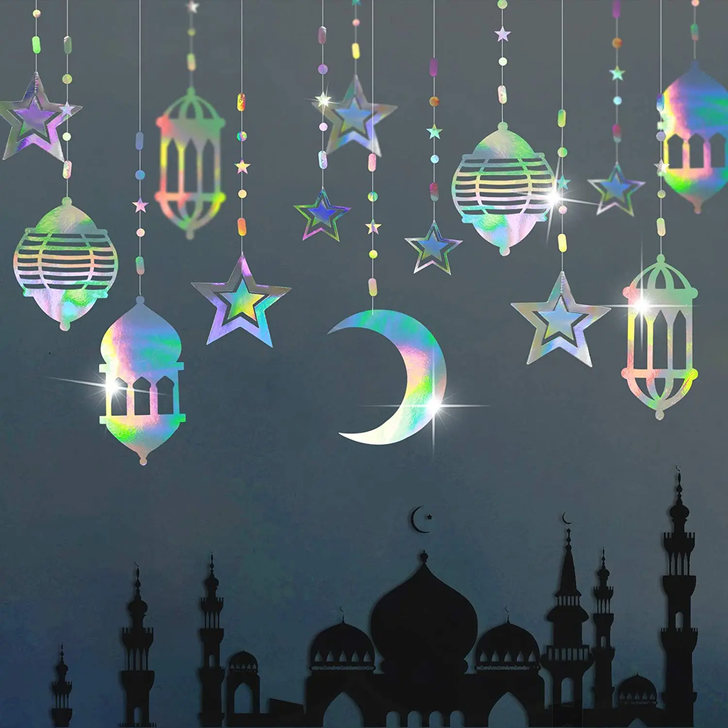 Nicro Laser Iridescent Star Moon Lantern Ramadan Garland Happy Eid Ramadan Decor Euphoria Hanging Streamer Islam Backdrop Banner