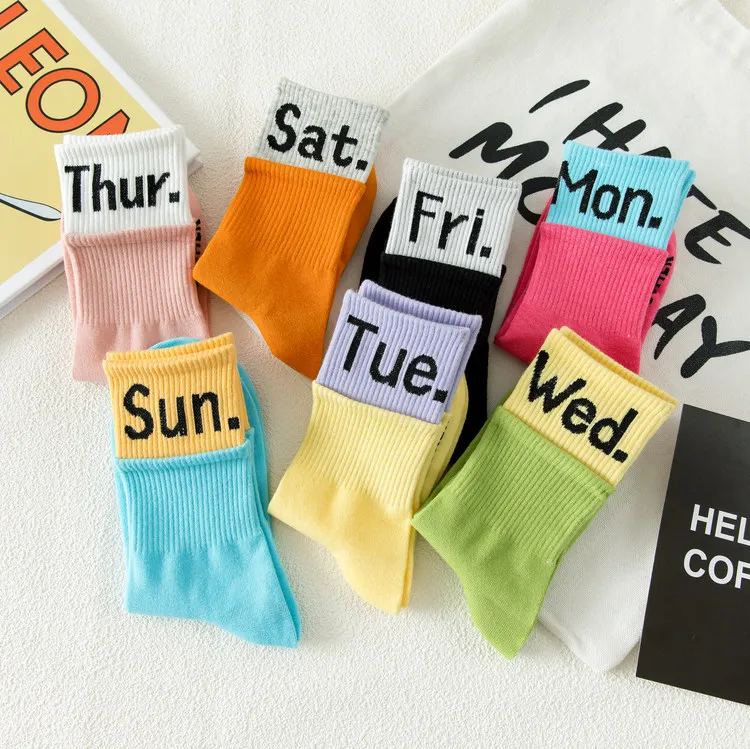 2020 new design candy color cotton socks week letter fashion cool socks crew socks customize