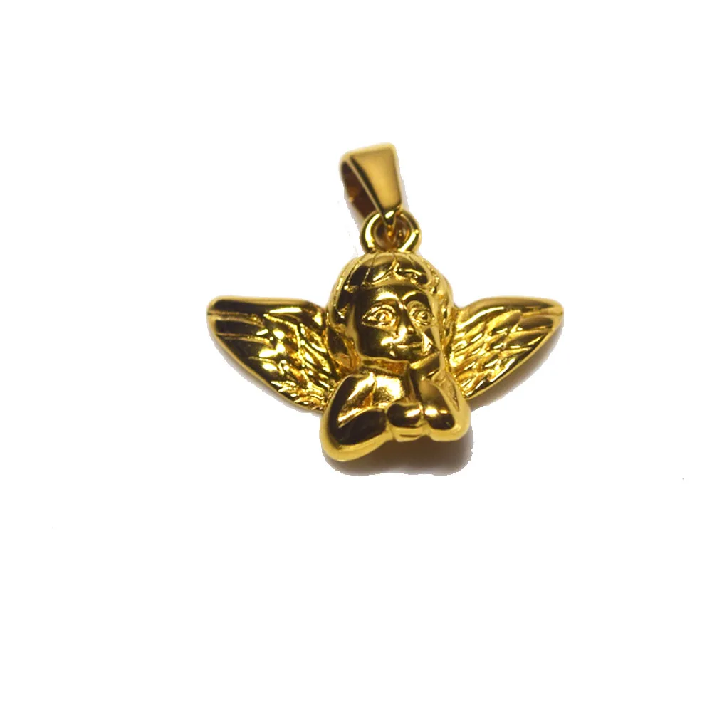 Fashion Hip Hop Men Necklace Stainless Steel 3mm Cuban Link Chain Copper with Gold Plated baby Angel with wingPendant Necklace