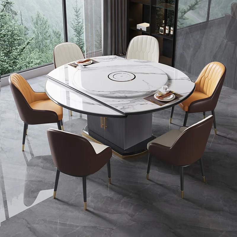 Italian shiny stone solid wood dining table and chair set, minimalist home multifunctional induction cooker turntable