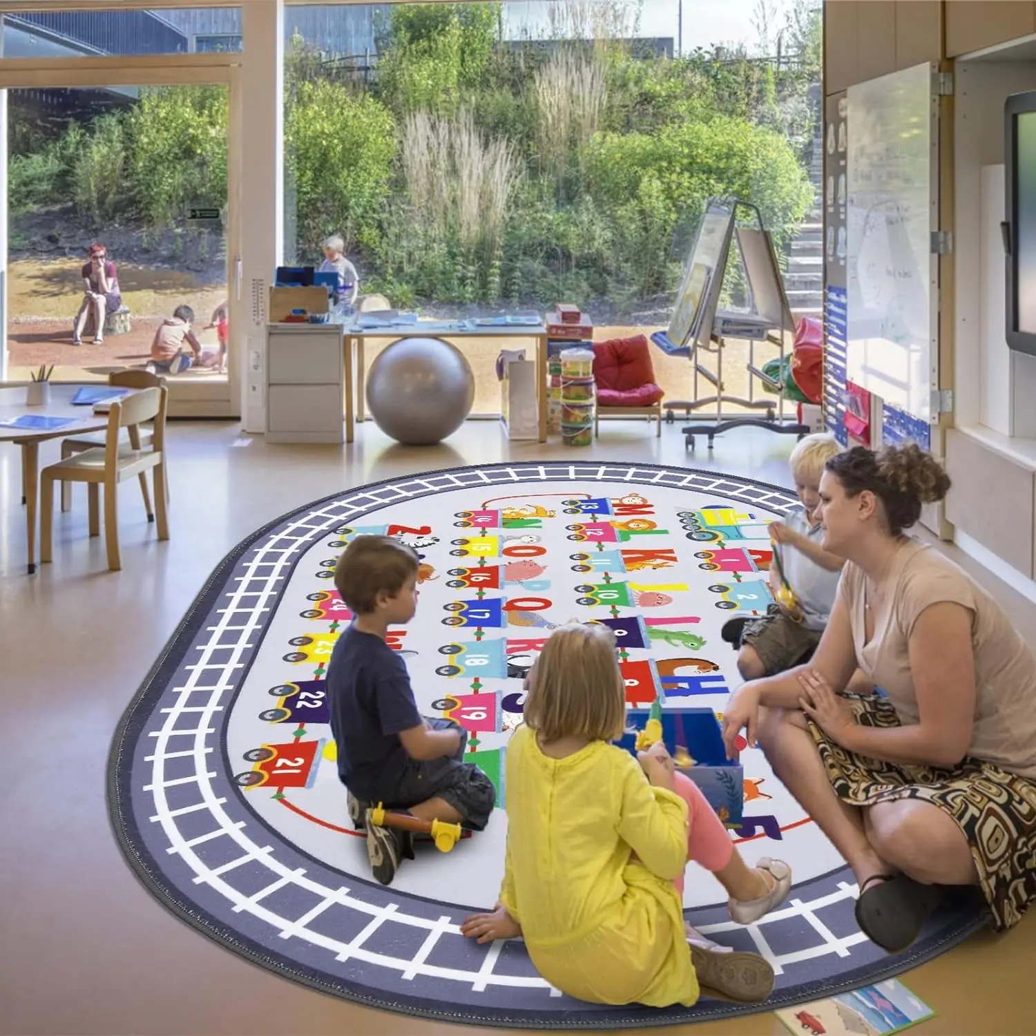 Kids Rug Carpet Oval ABC Alphabet Numbers Train and Road Educational Classroom Rug Baby Play Mat Learning Game Decor Grey Rug