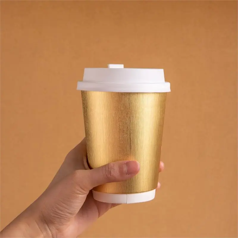 Custom Color Logo 4oz to 16oz Disposable Double Wall Paper Cups for Hot Coffee Stamped with Gold Foil Embossing for Beverages