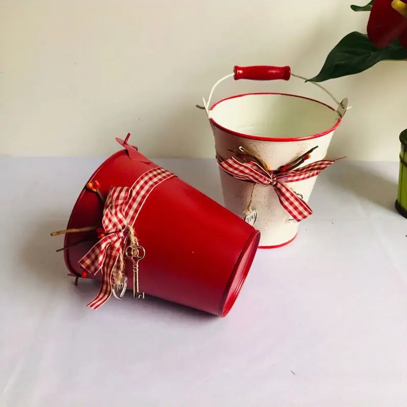 66 351Creative Home Garden Decor Gift Flower Bucket Iron Succulent Plant Pot With Handle Metal Flower Pot with Bowknot
