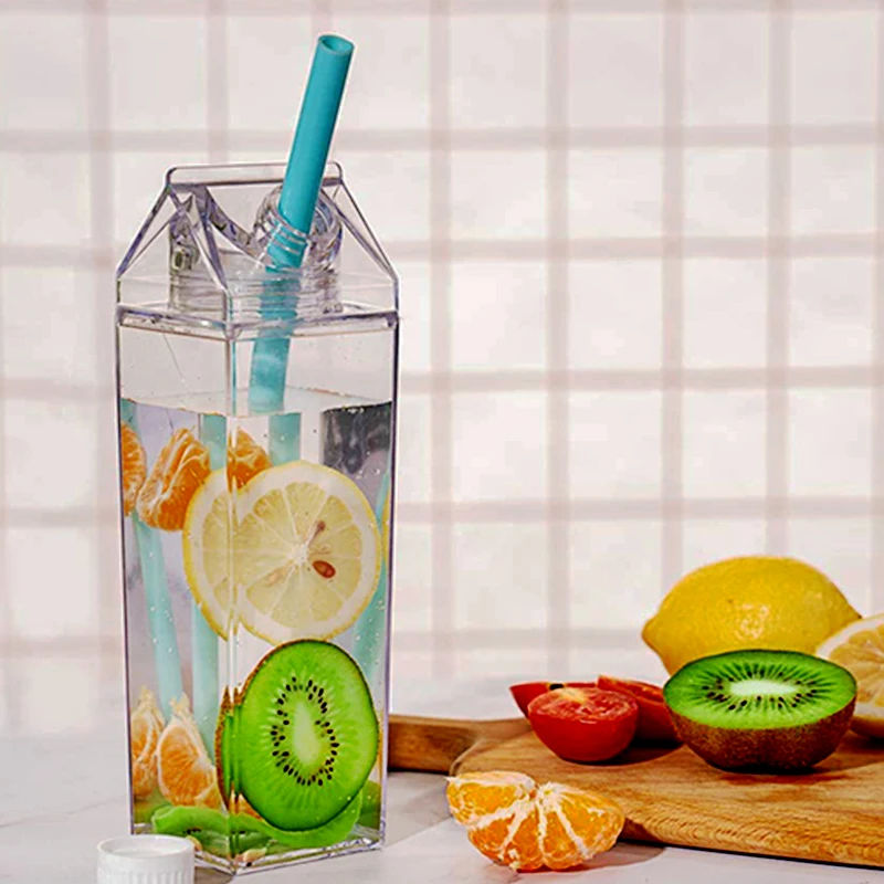 Clear Stylish Milk Carton Water Bottle Portable Square Juice Bottle Plastic Milk Box Bpa Free Acrylic Bottles