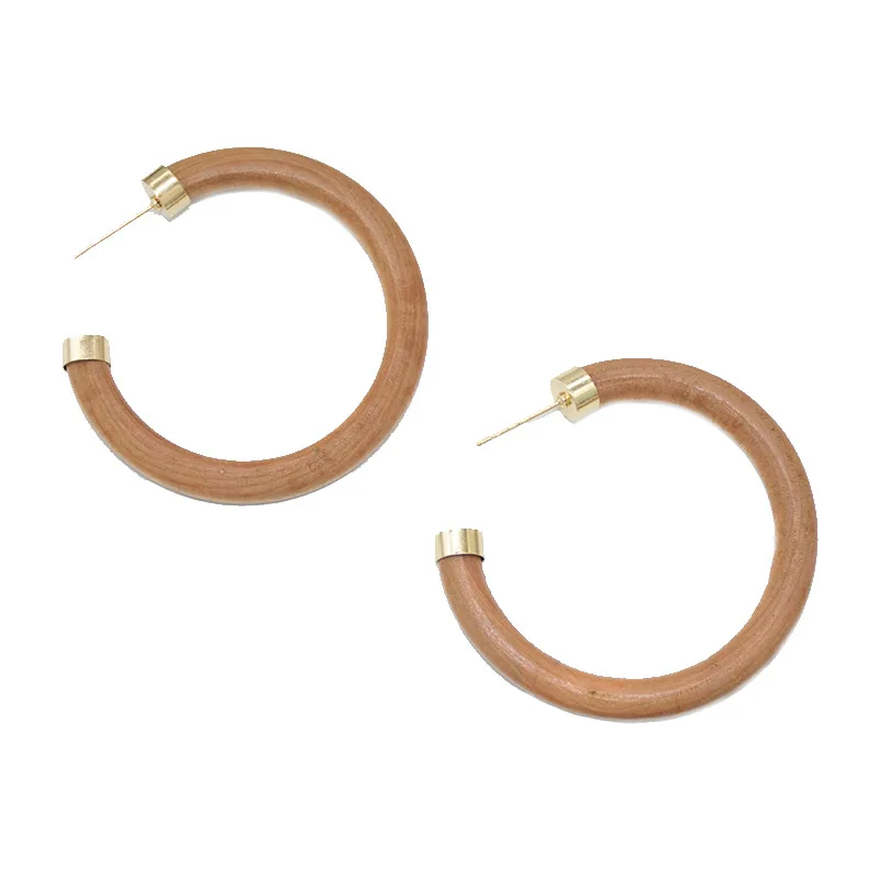  2021 Simple Exaggerated Design Jewelry Hollow Circle C Shaped Vintage Wooden Hoop Earrings For