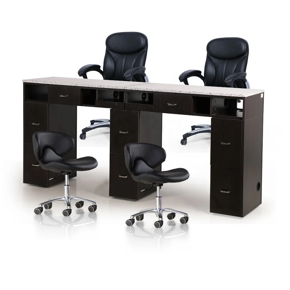 French Style Modern Luxury Beauty Salon Furniture Marble Top High Gross Spa Nail Station Double Manicure Table with Wheels