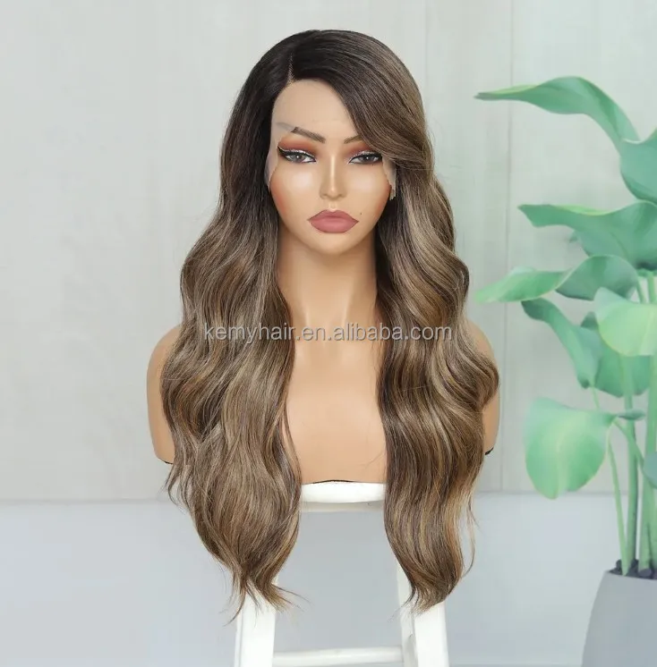 KEMY HAIR New Arrival Balayage Synthetic Wig Wholesale Long Wave High Quality L Part Lace Front for Women High Temperature Fibre