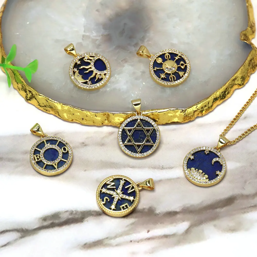 Retro Six Pointed Star Lapis Lazuli Stone Pendant Personalized Astrology Horoscope Charm For Necklaces