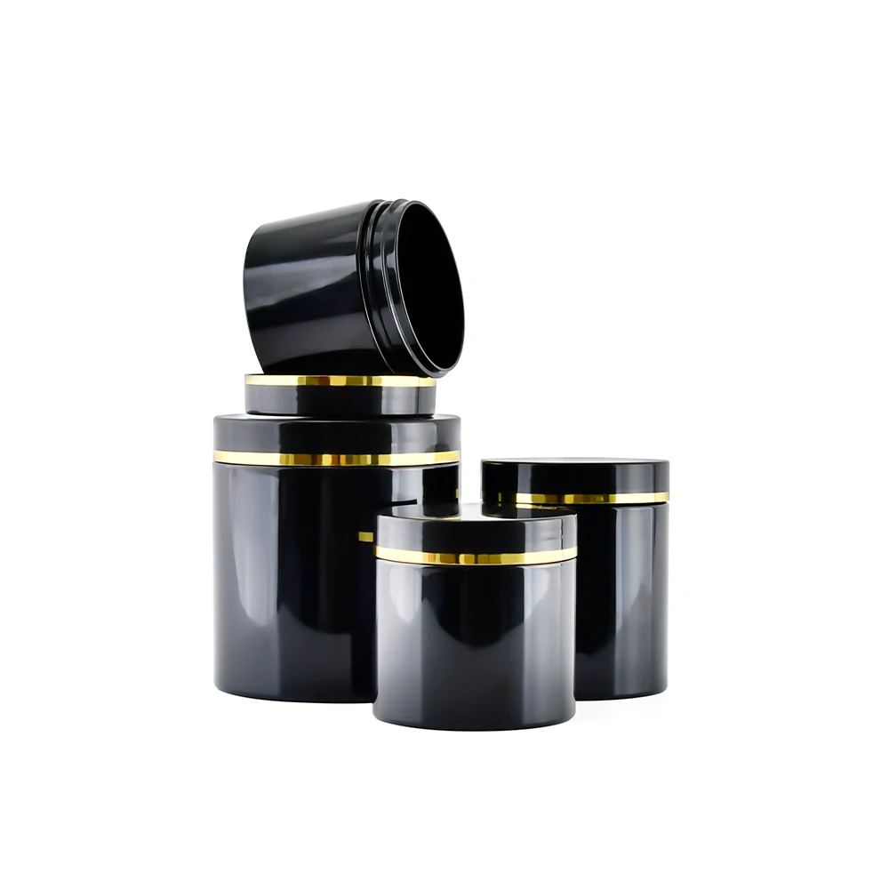 Cosmetic Packaging 100ml 150ml 200ml 250ml 300ml 500ml Black Pet Plastic Cosmetic Cream Jar with Black Lid Gold Edge