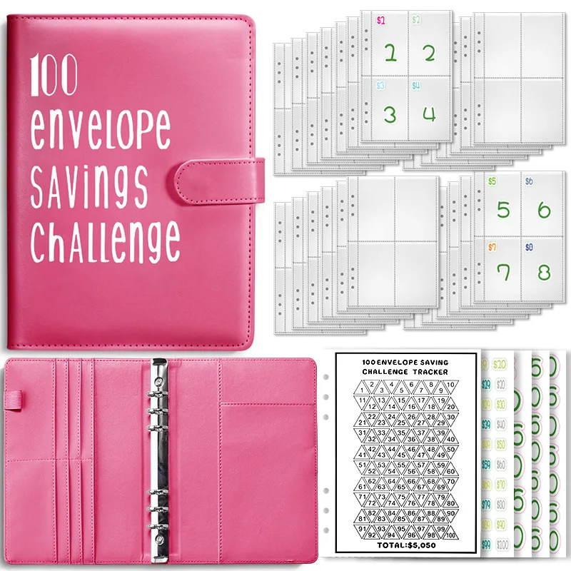 Marble style 100 envelope savings challenge binder for money saving planner with three trackers
