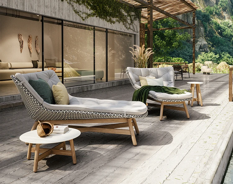 Modern Outdoor Teak Base Rattan Daybed with Cushion Patio Furniture Sun Lounger