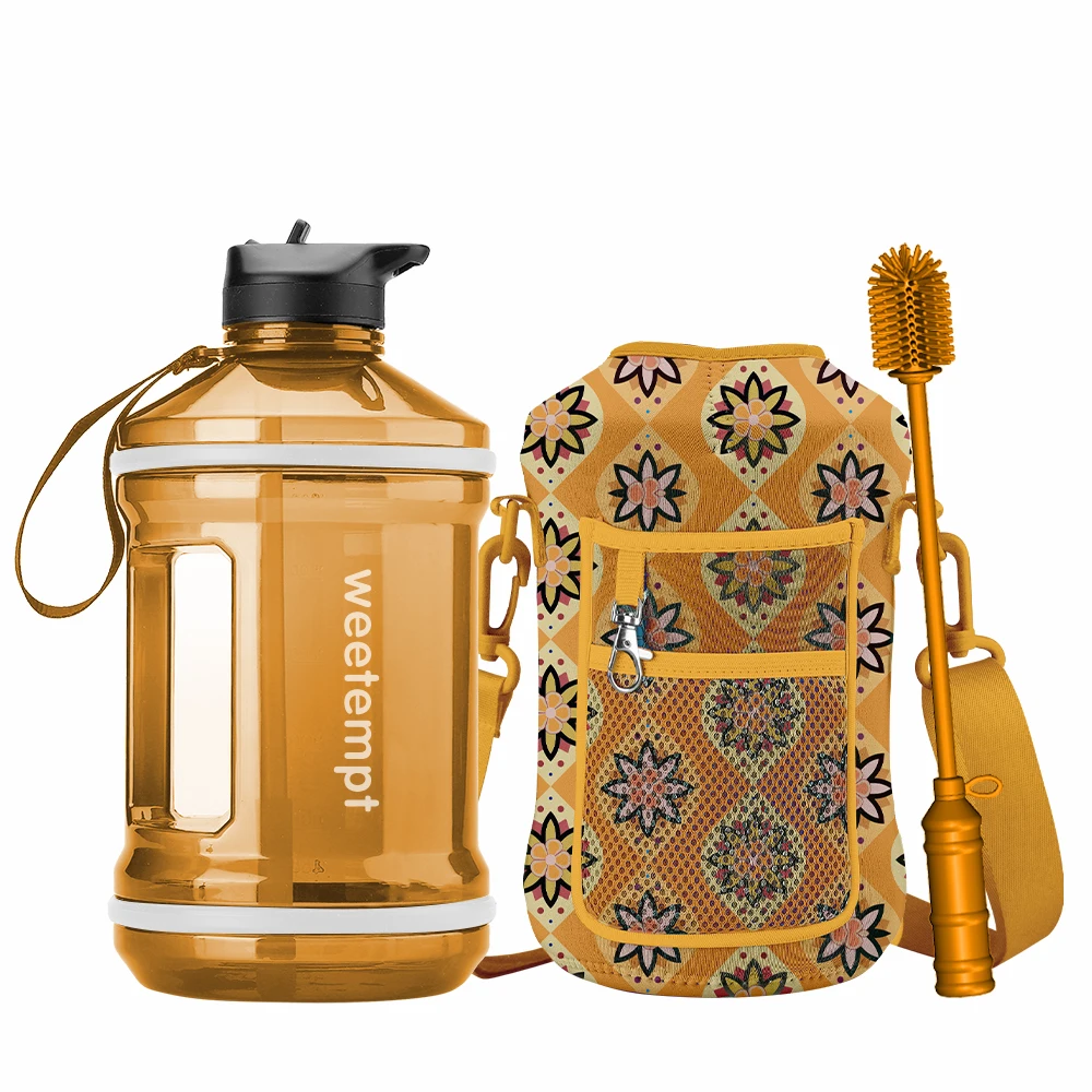 Sports Water Bottles Water Jugs with Motivational Time Marker and Neoprene Sleeves Patented Product Custom Half Gallon 64oz 2.2L