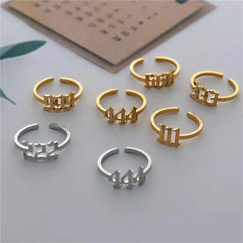 Lucky Number 111-999 Stainless Steel Tarnish Free 18k Gold Plated Open Adjustable Rings Jewelry
