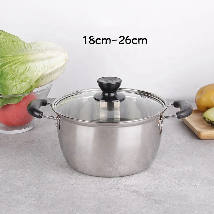 18 CM Wholesale home kitchen cookware stainless steel casserole soup pot with glass lid single bottom