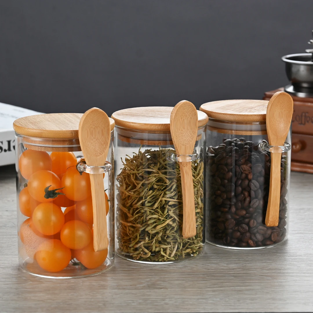6pcs Airtight high borosilicate glass spice Storage jar set with bamboo lids and spoon