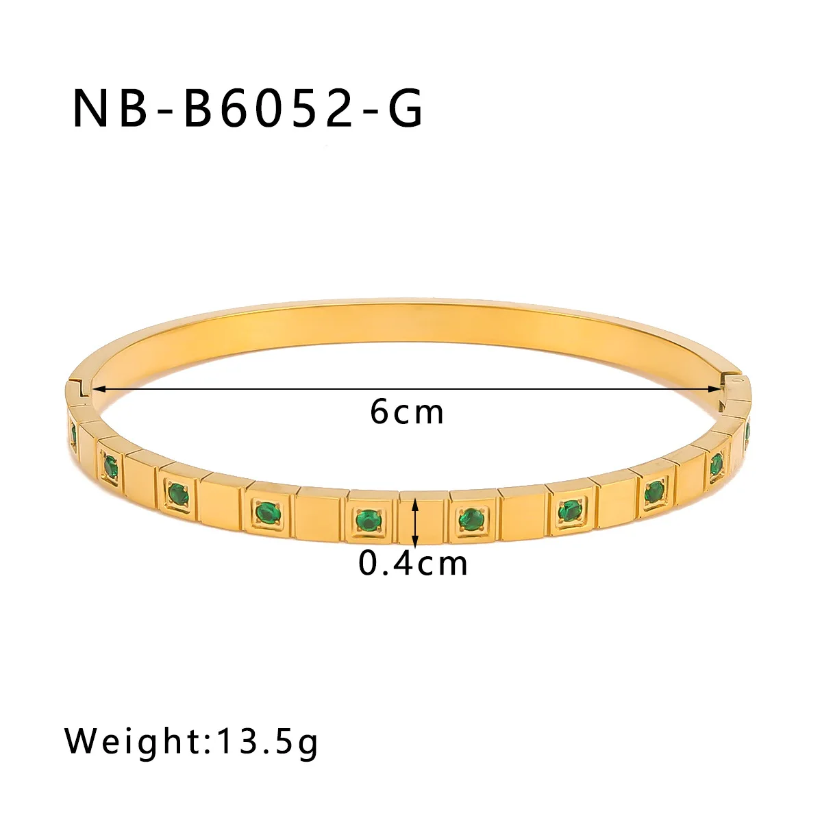Chunky Waterproof Stainless Steel Green Zircon Cuff Bangle Bracelet 18k PVD Gold Plated Wide Cubic Zirconia CZ Bangle Bracelet