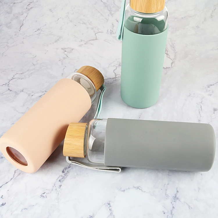 Microwave Safe Heat Resistant Glass Water Bottle Leakproof Bamboo Lid