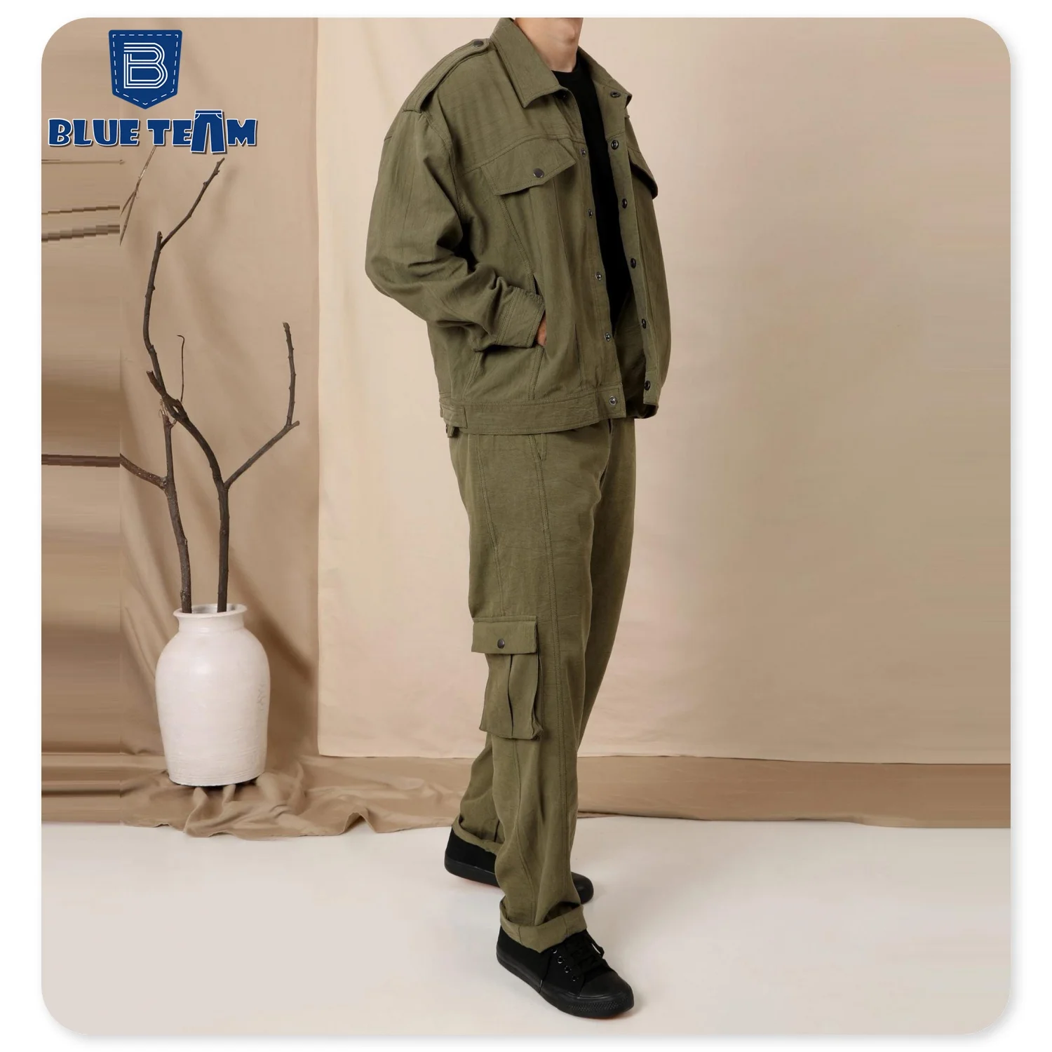 Blue Team | Custom mens denim set twill fabric solid color cargo jacket and cargo pants denim with pockets jeans suits for men