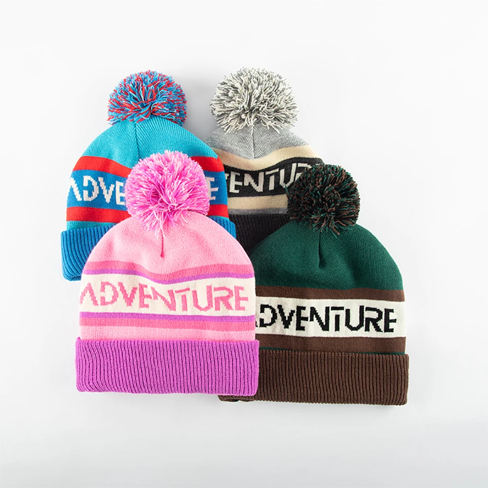 Aung Crown Manufacture Pom Pom knitted Cap Sport Bobble Hats Winter Custom Cuffed Beanie Knit Toque  Jacquard Beanie with logo