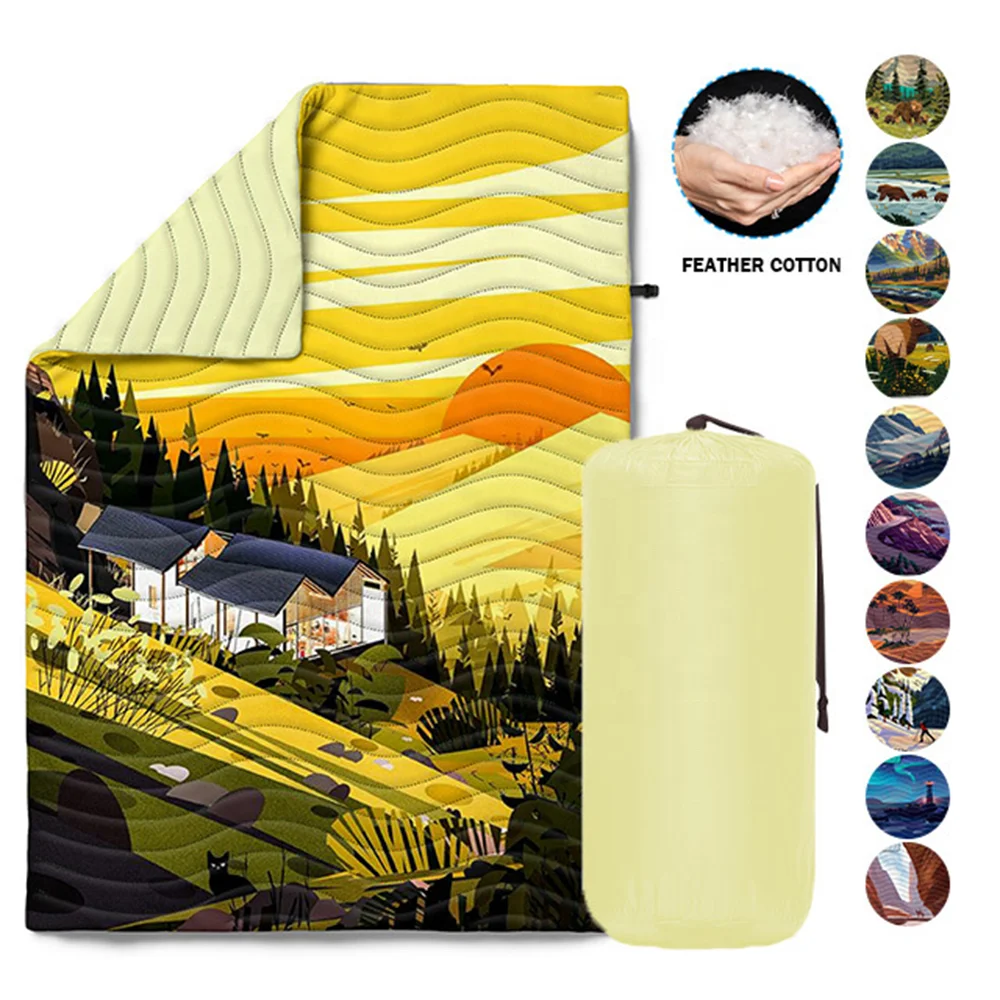 Portable Outdoor Picnic Water Resistant Nylon Down Blanket Winter Warm Soft Quilted Synthetic Down Puffy Blanket