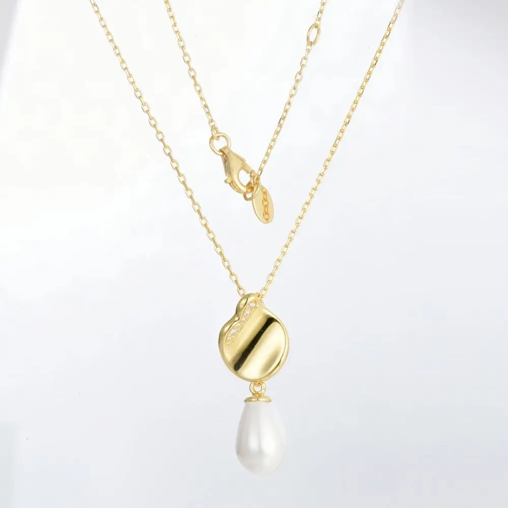 Carline Fine Jewelry 925 Sterling Silver Freshwater Shell Pearl Necklace Zircon Gems Flat Back Oval Pearl Necklace Jewelry
