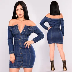 Korean Women Autumn Denim Dress Shouderless V-neck Sexy Jeans Dresses For Women