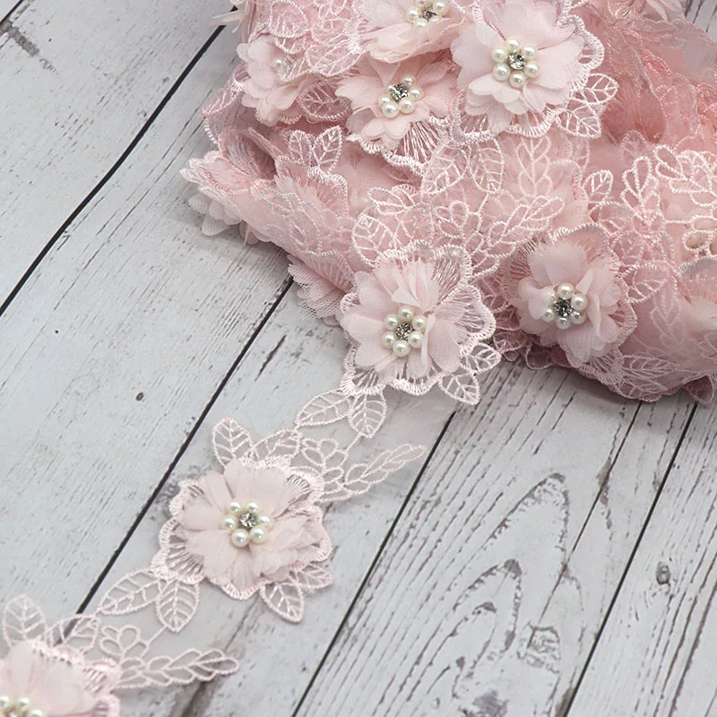DIY Embroidered Wedding bridal Knitting Pearl Flower Organza Patchwork Ribbon Lace Trim