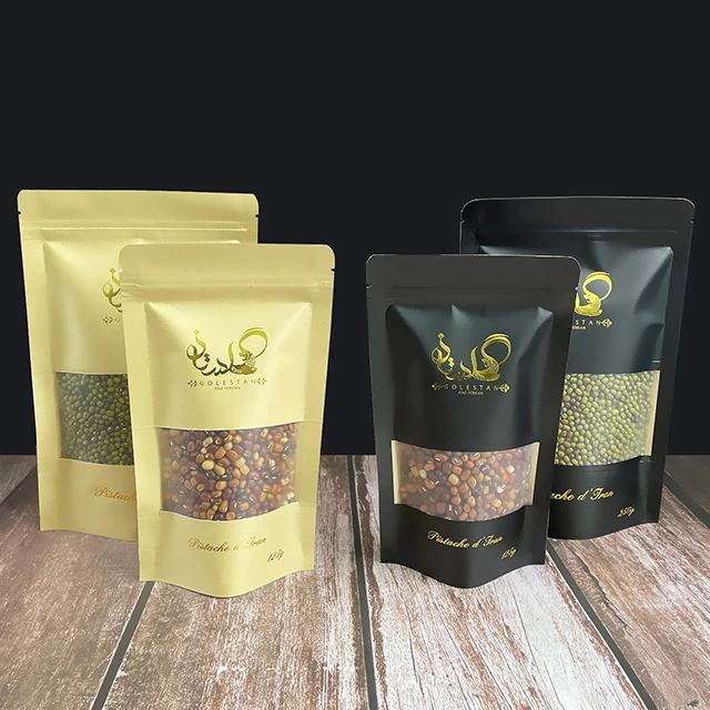 Food Grade Reusable Gold Stamp Zip Lock Paper Packaging Bag Kraft Paper Custom Stand Up Pouch Doypack with Window