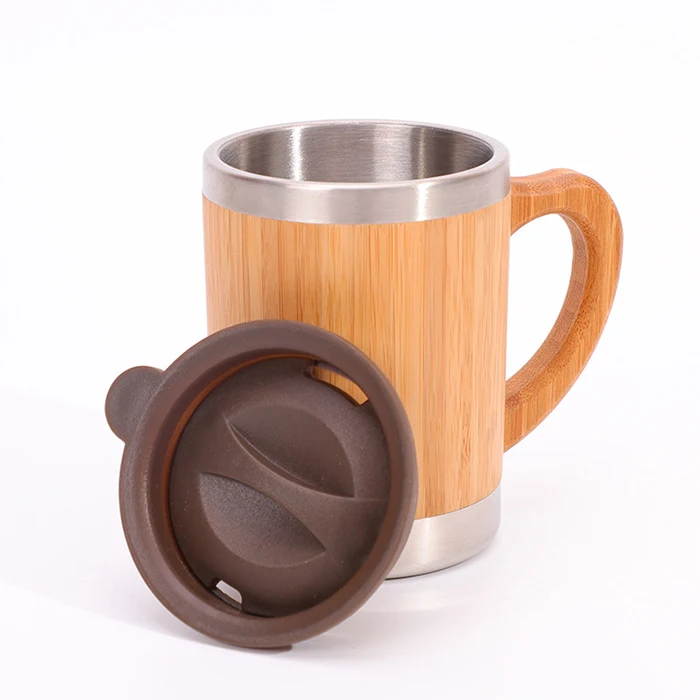 Eco Friendly 350ml Custom Bamboo Tumbler Stainless Steel Insulated Bamboo Travel Coffee Mug With Lid And Handle