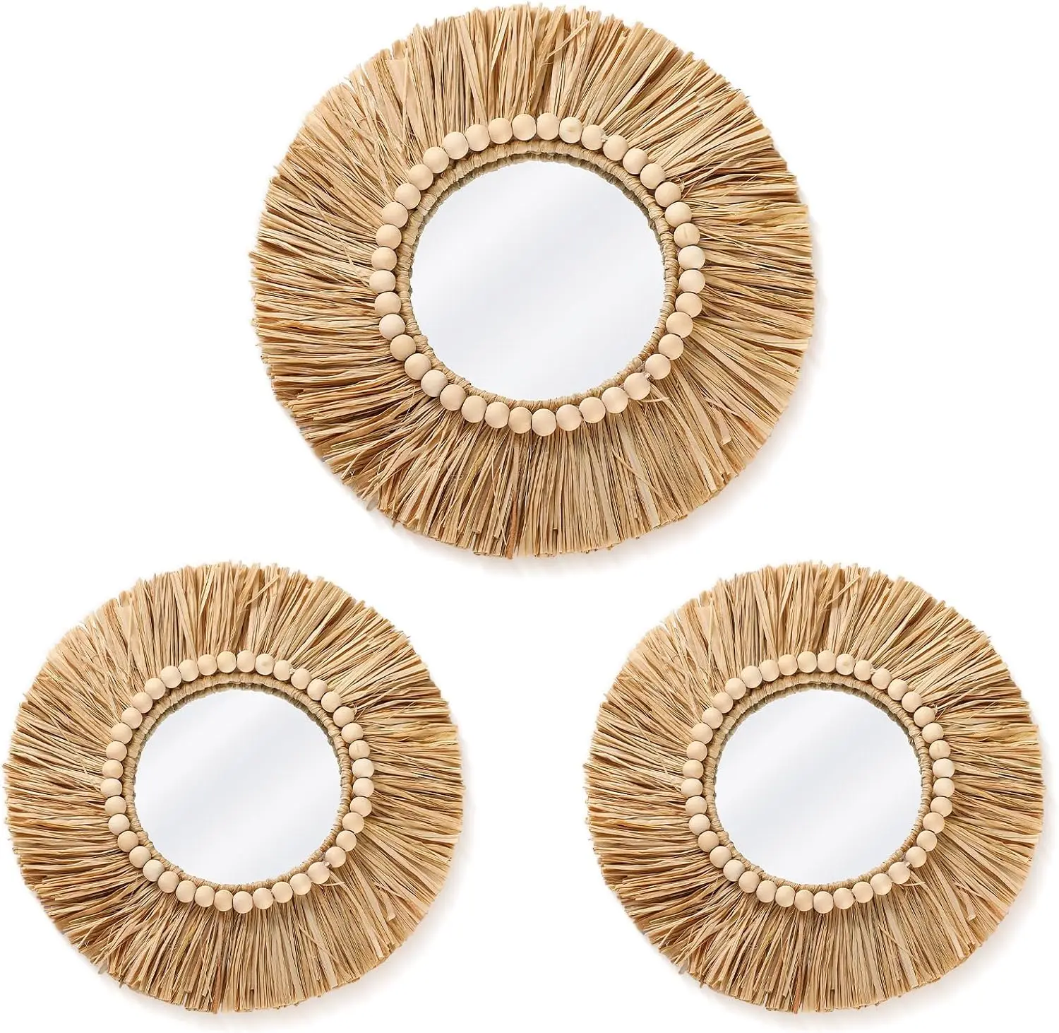 202405 Boho Raffia Mirror Wall Hanging Decor Rustic Round  Circle Mirrors  Farmhouse Aesthetic Nursery Mirrors for Wall Decor