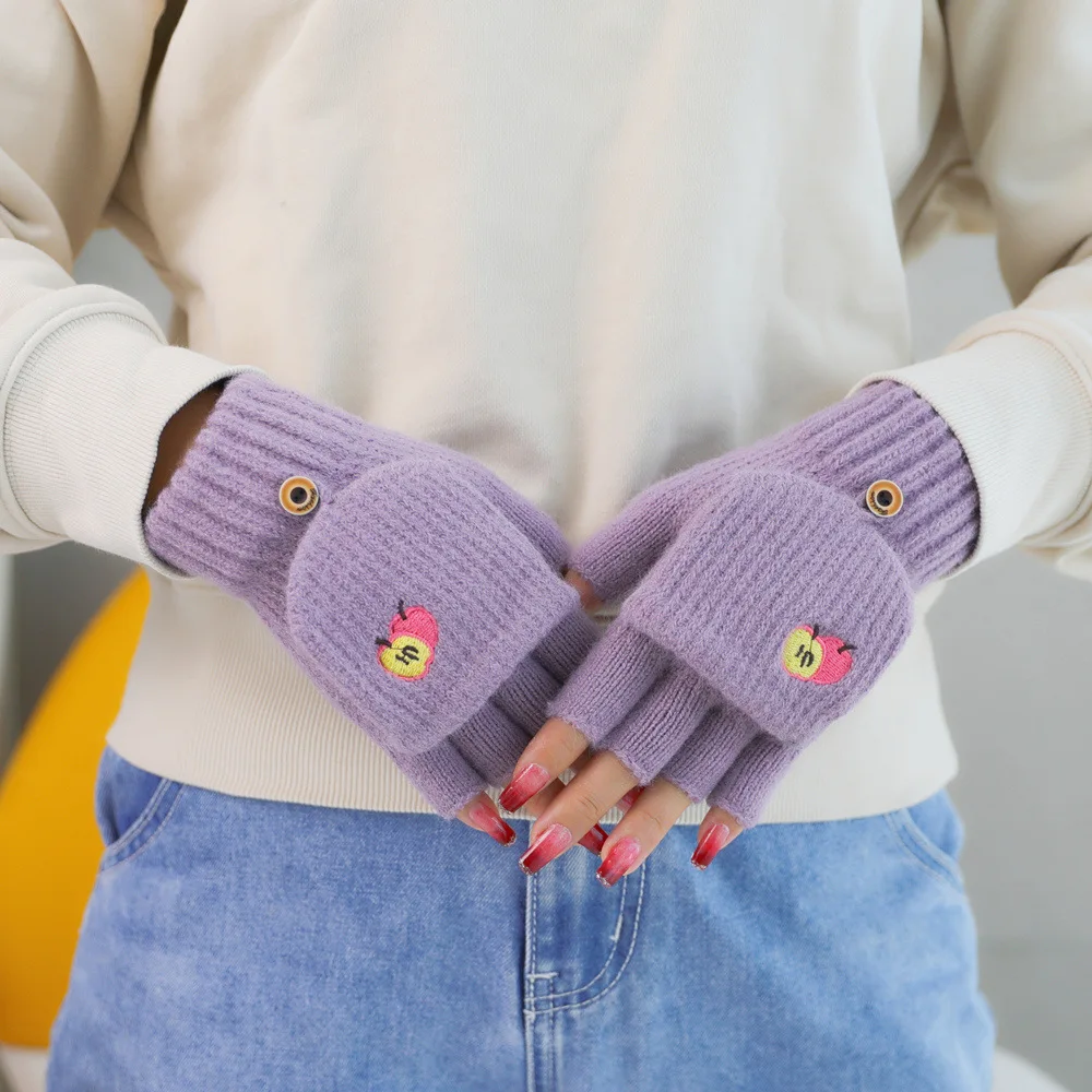 OEM Wool knit clamshell gloves warm versatile fruit print cycling students writing finger gloves