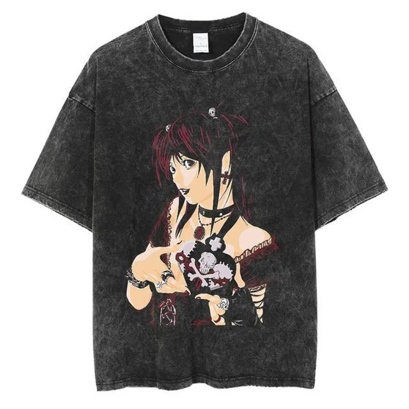 Hip hop high street tshirts washed short sleeves rock band Japan Anime printed top graphic tees blank clothes for men