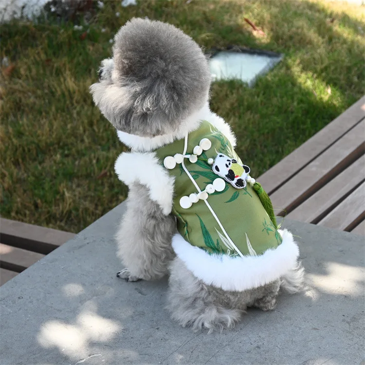 Luxury Embroidery Bamboo and Panda Winter Dog Coat Soft and Warm Chinese Suit for Puppy Dog Outfit