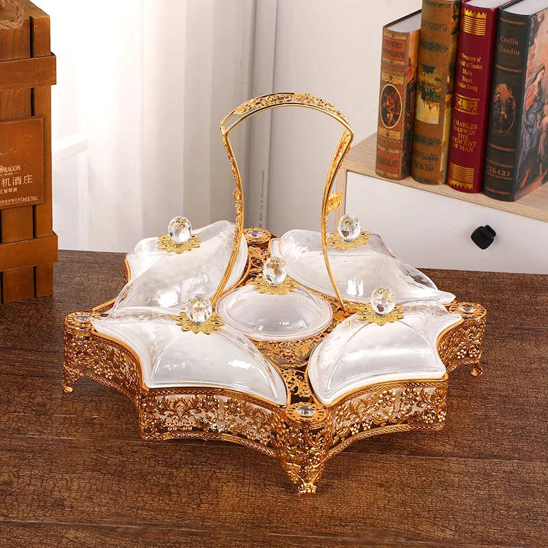 Gold Plated Decorative Cake Candy Stand Fruit Plate Food Tray Glass and Metal Serving Display Trays Snacks Dishes Bowls