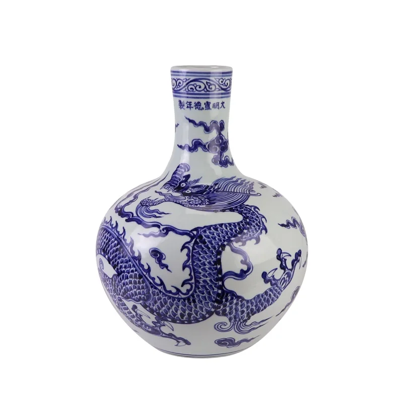 RXBA21Jingdezhen hand painted blue and white dragon pattern globular shape ceramic vase for home decoration