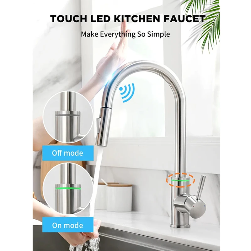 Fashion Pull Down Sensores Magnetic Sprayer Sink Faucets Pull Out Kitchen Faucet Touch Automatic Brass Water Tap Silicone Chrome
