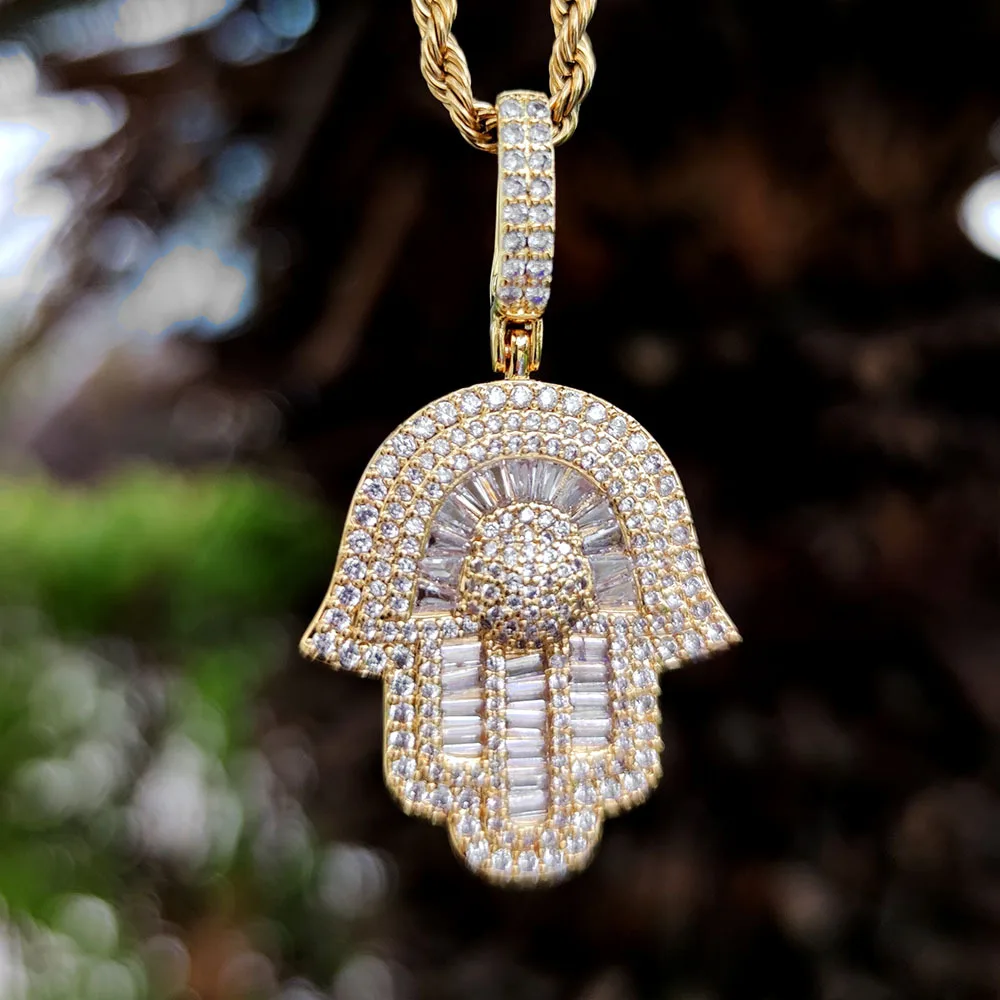 Iced Out Vintage Jewelry 18k Gold Plated AAA CZ Micro Pave Baguette Hamsa Hand Pendant Necklace