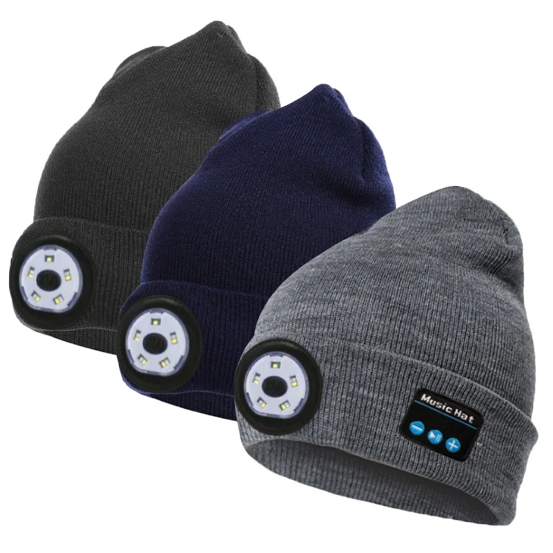 Unisex USB Rechargeable Hands Free 4 LED Headlamp Cap Winter Knitted Night Lighted Hat Flashlight LED Beanie Hat with Light