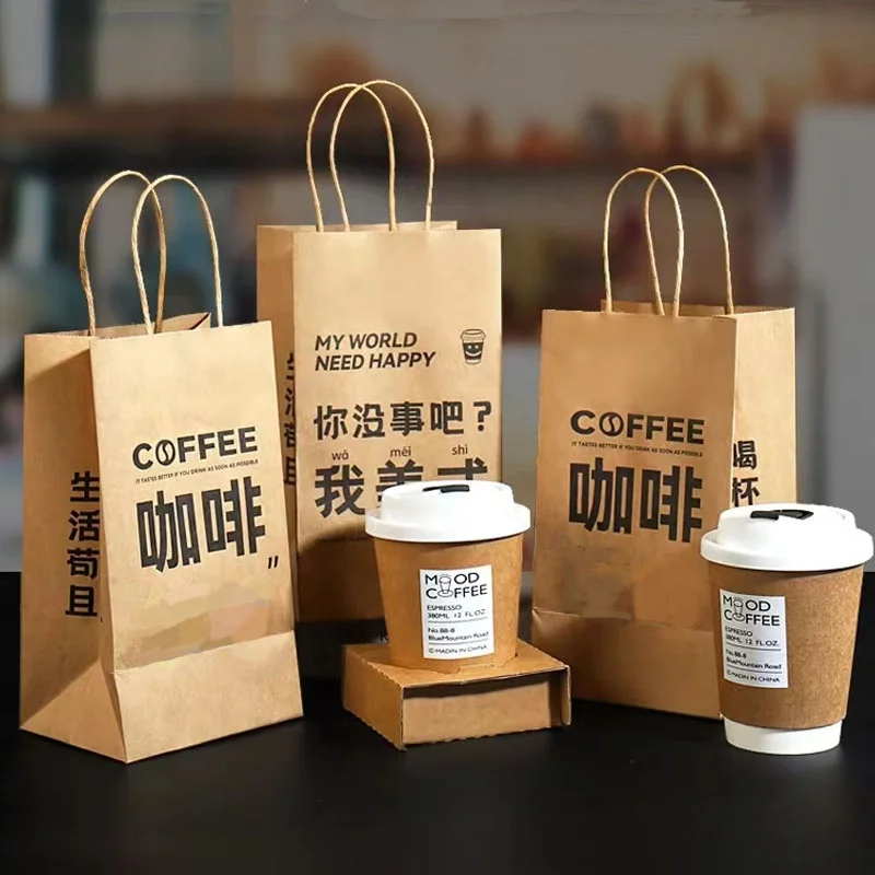 Take-out Plastic Paper Coffee Cups Delivery Bags Restaurant Use Craft Handle Paper Bags for Food Customized Logo