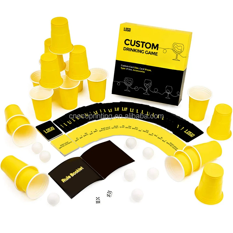 China Custom Printing Black& Yellow Funny Adults Game Play Drinking Party Card Game Sets with Dices