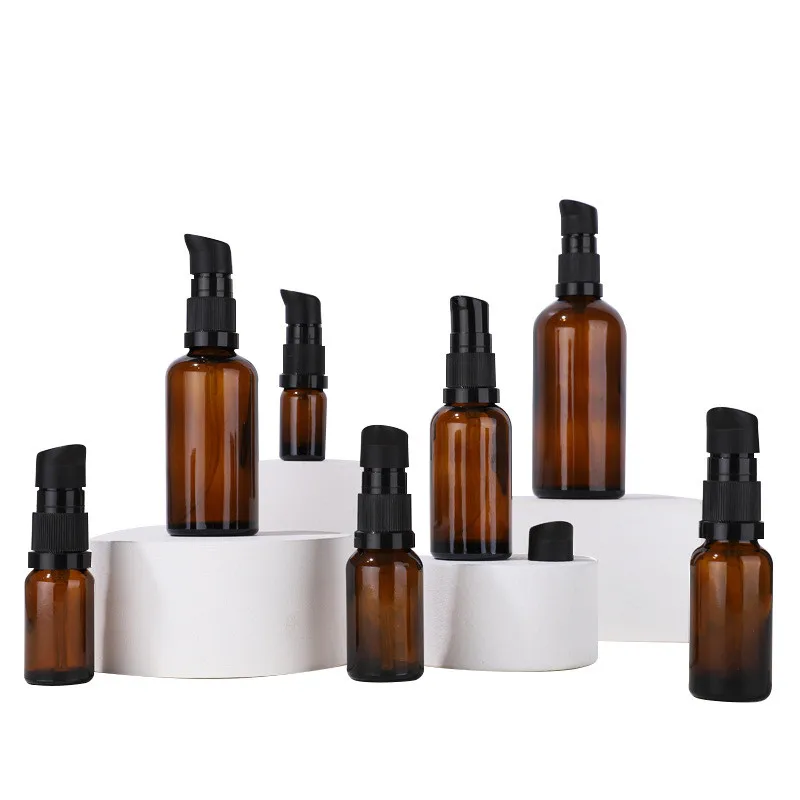 5ml 10ml 30ml 50ml 100ml Skin Care Serum Cosmetic Essential Oil Pump Glass Bottle With Black Lid
