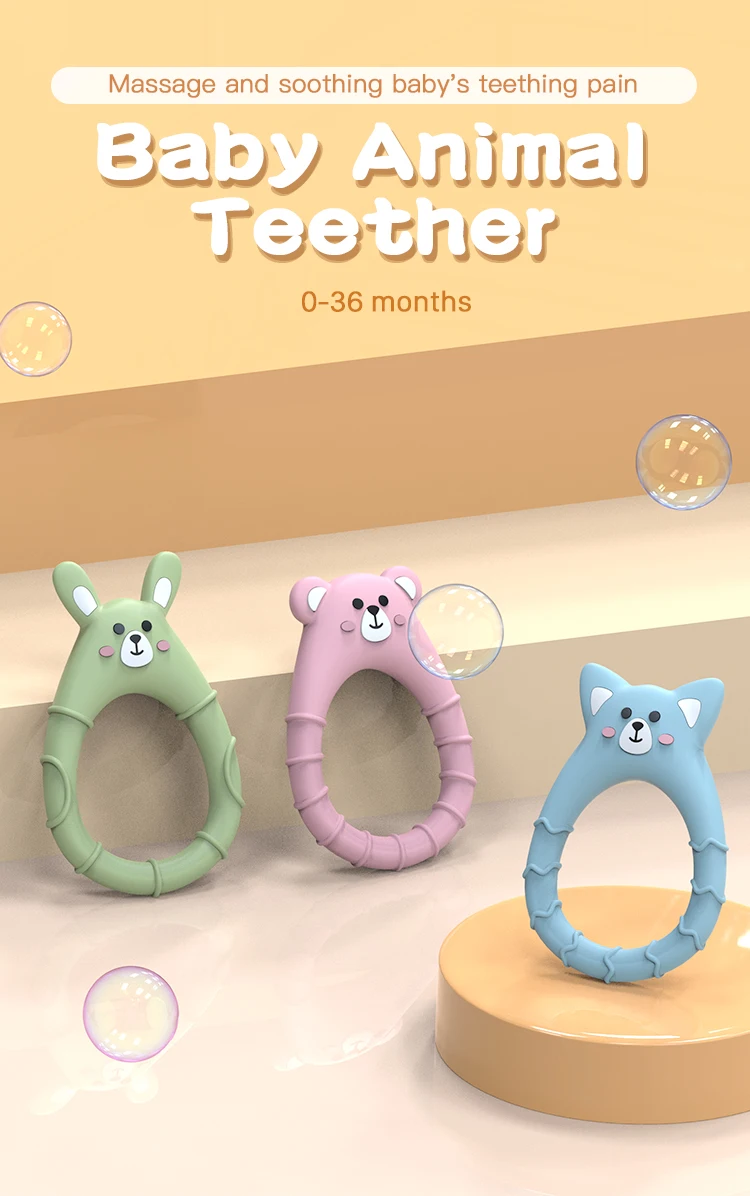 Wholesale Food Grade Animal Bear Bunny Dog Teether Ring Cartoon Teething Silicone Teether Baby Teether Silicone Toy