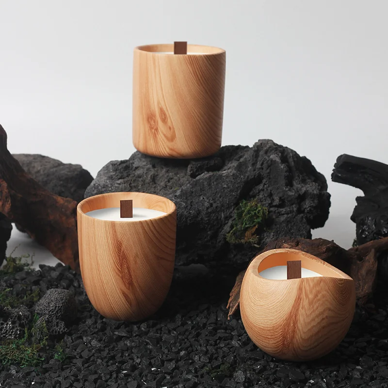 C&H High Quality Candle Vessels Empty Novelty Ceramic Vessel with Wood Patterns for Candle Making