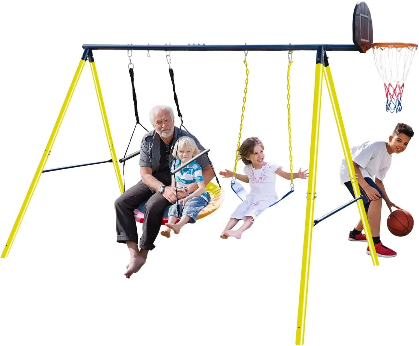 Swing Set for Backyard,550lbs 3 Play Stations Swing Set 40' Saucer Swing,Metal Swing Stand with Basketball Hoop
