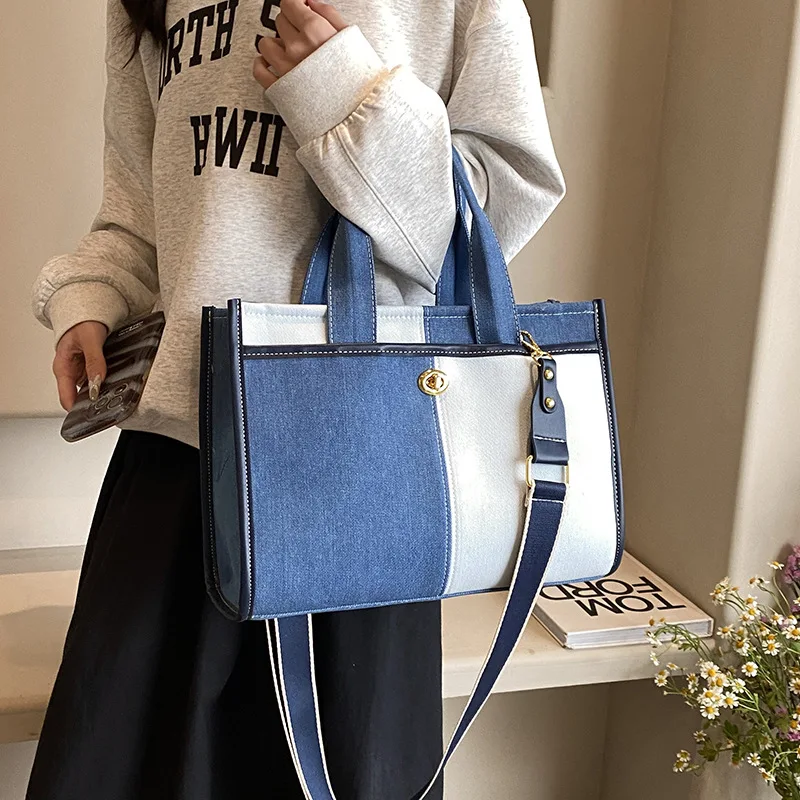 Large Capacity Handbag Tote Bag 2024 New Fashion Design Patchwork Denim Commute Bag Broadband Crossbody Brand Women Bags